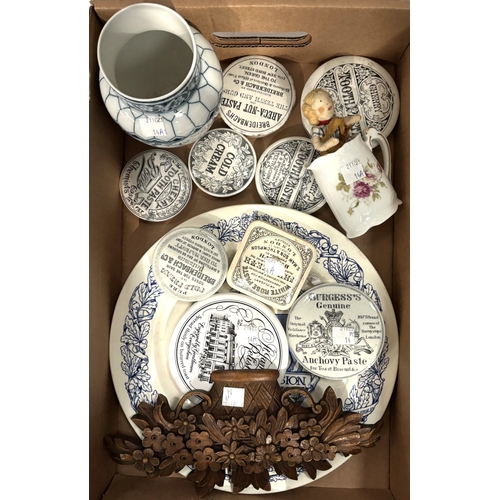 14A - A collection of 9 19th century and other pot lids; a Wedgwood commemorative plate; a miniature doll,...