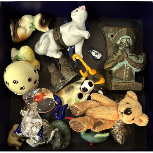 25 - A brass Rippon door knocker in the form of man blowing horn, 9cm; a Christofle plated cat; a Limoges...