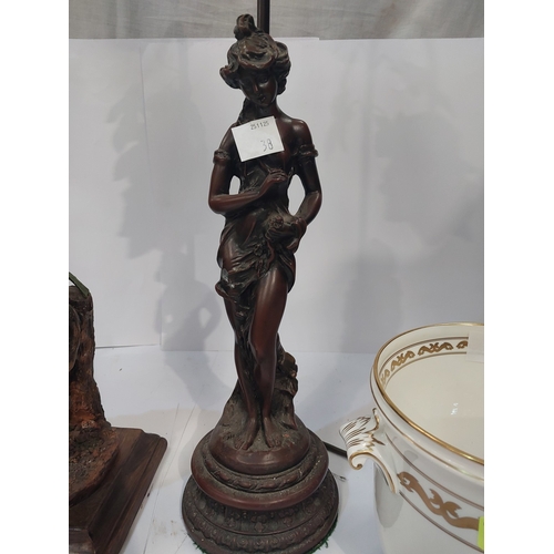 38 - A bronze effect lamp of in the form of a lady, planter and stoneware figure of woman...