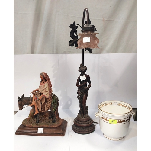 38 - A bronze effect lamp of in the form of a lady, planter and stoneware figure of woman...