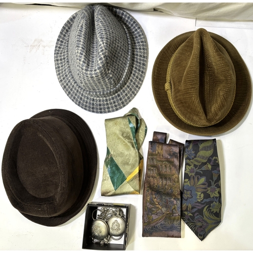 40B - Three Trilby hats; 3 silk ties; 6 Teddy bears; a pendulum chiming clock....