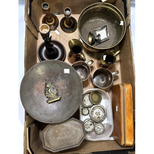 7 - A set of old kitchen scales and weights; decorative metalware and a vanity set in zip case....