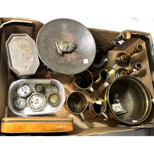 7 - A set of old kitchen scales and weights; decorative metalware and a vanity set in zip case....