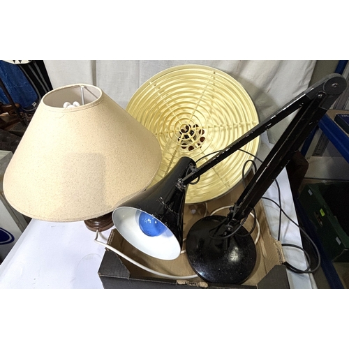 8 - Two 1960's brushed steel effect pendant lights; two table lamps and a black metal poise lamp....