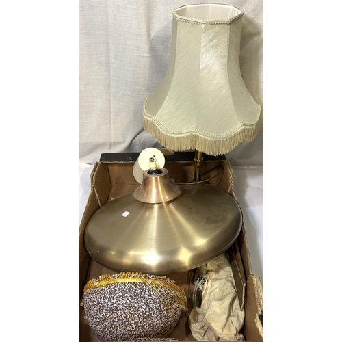 8 - Two 1960's brushed steel effect pendant lights; two table lamps and a black metal poise lamp....