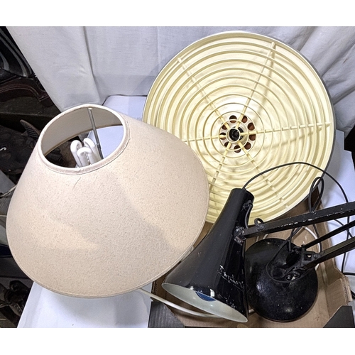 8 - Two 1960's brushed steel effect pendant lights; two table lamps and a black metal poise lamp....