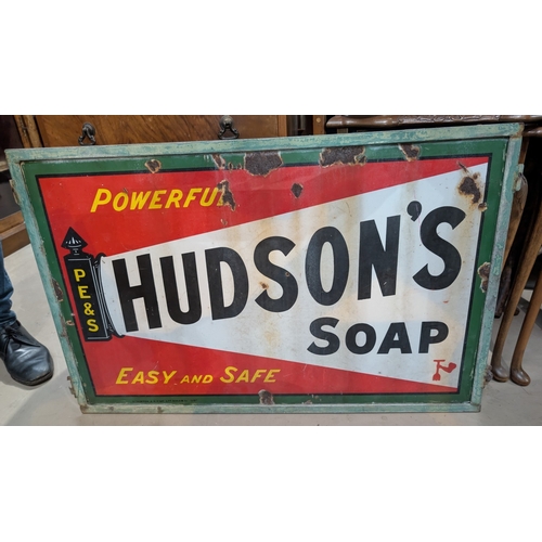 15A - A cast Iron enamel Advertising sign for Hudson's Soap in metal frame 50x80cm...
