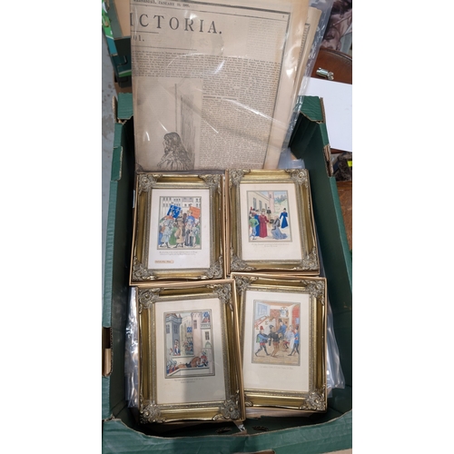 27A - Four framed gothic hand highlighted prints Sudden Death of Count, Victoria commemorative newspaper a...