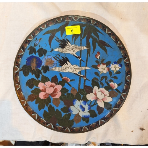6 - An early/mid 20th century Japanese cloisonné dish with 2 cranes among flowers....