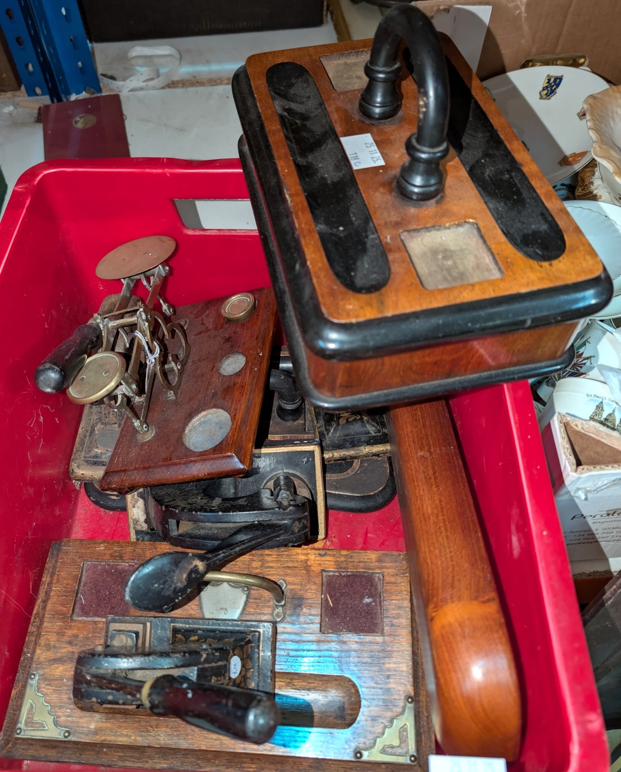 Three 19th/early 20th century ink stands, 3 bill stamps and a postage ...