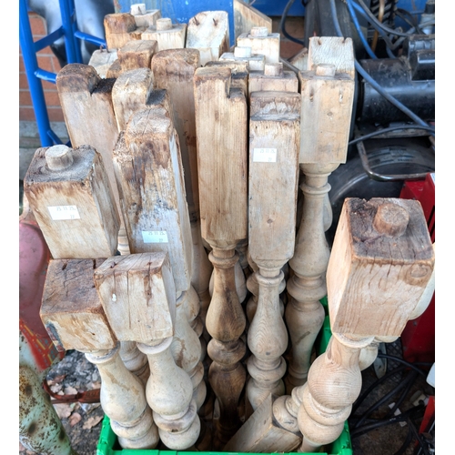 27 - A collection of approx 33 turned pine balusters; an 18th/19th century oak bible box; a tin trunk and...