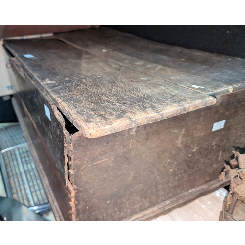 27 - A collection of approx 33 turned pine balusters; an 18th/19th century oak bible box; a tin trunk and...