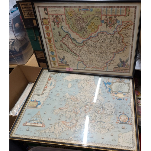 29 - Two 19th century style coloured framed maps, part of Cheshire and England, tools, planes etc.