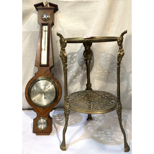 77 - A brass two height stand, brass coal bucket, brass door stop and a Comitti aneroid barometer.