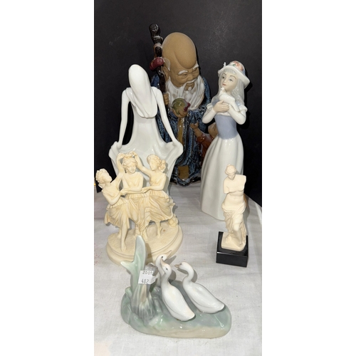 78 - A Chinese figure of a Sage with a small child; glass animal figures, Nao ducks and similar figures.