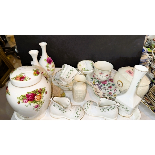 79 - A collection of Trish Donegal china trinketware; Royal Albert lidded vase, breakfast sets etc.