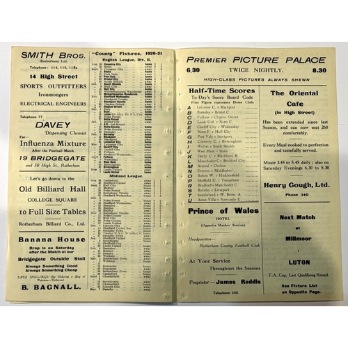 229A - 1920/21 Rotherham County v Bury programme Division 2 match; neat binding, perforations good.