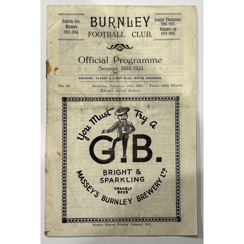 234 - 1932/1933 Burnley v Chesterfield FA Cup programme Turf Moor 18 February 1933; minor faults.