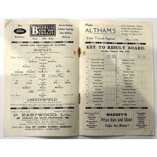 234 - 1932/1933 Burnley v Chesterfield FA Cup programme Turf Moor 18 February 1933; minor faults.