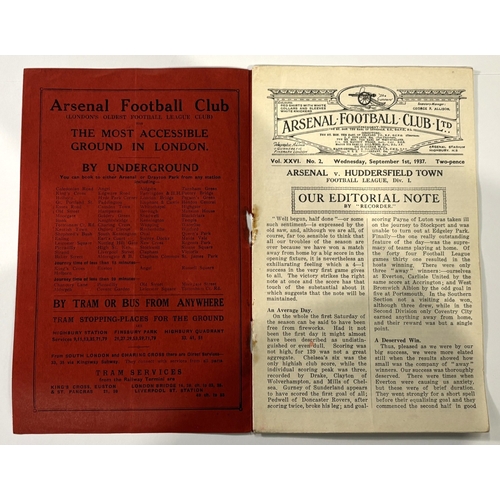 241 - 1937/1938 Arsenal v Huddersfield Town programme 1st September 1937, Arsenal championship season; no ... 