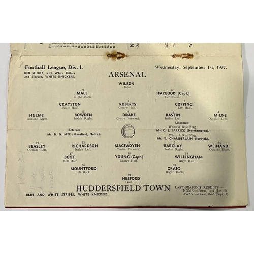 241 - 1937/1938 Arsenal v Huddersfield Town programme 1st September 1937, Arsenal championship season; no ... 