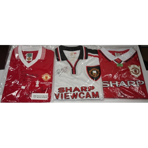 245 - 3 Manchester United signed shirts inc. the iconic 98-99 European home shirt signed by both Teddy She... 