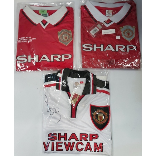 246 - 3 signed retro Manchester United shirts and a Manchester United print signed by Ryan Giggs; signed s... 