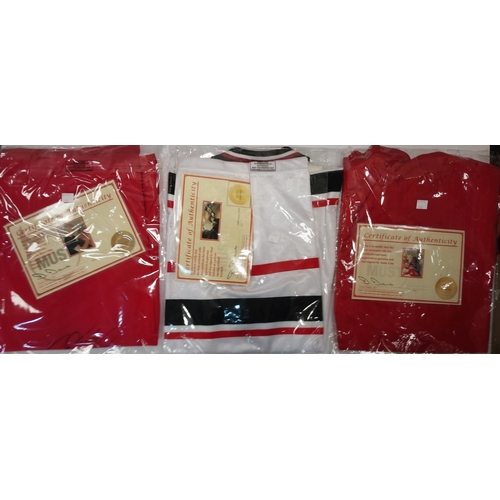 246 - 3 signed retro Manchester United shirts and a Manchester United print signed by Ryan Giggs; signed s... 