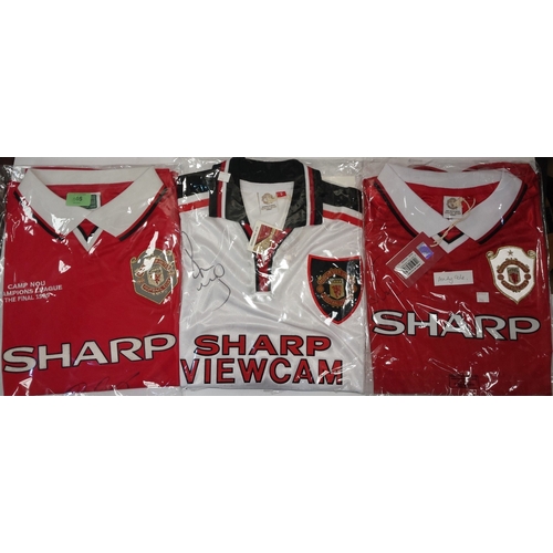 246 - 3 signed retro Manchester United shirts and a Manchester United print signed by Ryan Giggs; signed s... 