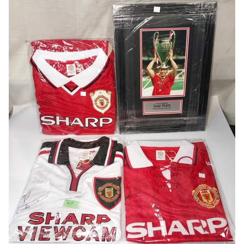 247 - 3 signed retro Manchester United shirts and a Jaap Stam signed photo; shirts include Manchester Unit... 