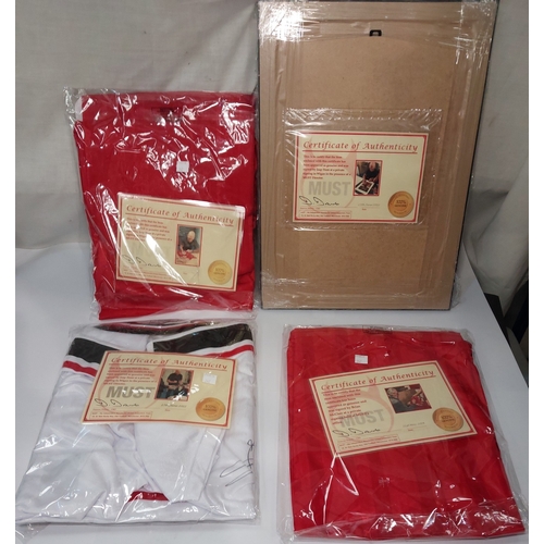 247 - 3 signed retro Manchester United shirts and a Jaap Stam signed photo; shirts include Manchester Unit... 