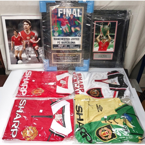 247A - 4 signed Manchester United shirts, 2 signed photos and a signed cup winners cup final poster. Shirts... 