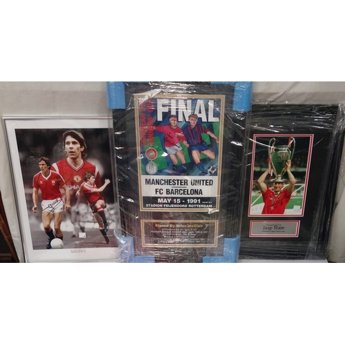 247A - 4 signed Manchester United shirts, 2 signed photos and a signed cup winners cup final poster. Shirts... 
