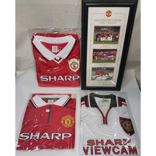 248 - 3 signed retro Manchester United shirts 98-99: one home signed by Denis Irwin, another home shirt si... 