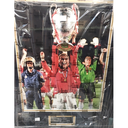 249 - 3 signed framed Manchester United photos including Sir Alex, Steve Bruce and Nicky Butt all with cer... 