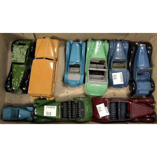 308 - 15 various unboxed vintage Dinky cars including 4 racing cars, saloons, drop head sports car etc