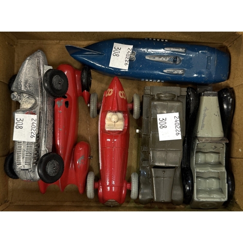 308 - 15 various unboxed vintage Dinky cars including 4 racing cars, saloons, drop head sports car etc
