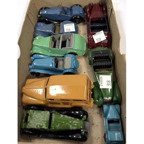 308 - 15 various unboxed vintage Dinky cars including 4 racing cars, saloons, drop head sports car etc
