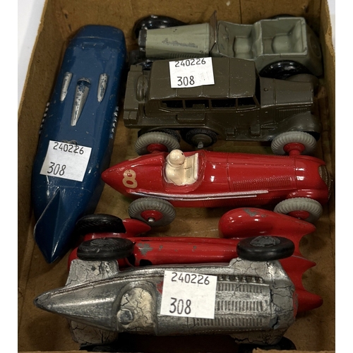 308 - 15 various unboxed vintage Dinky cars including 4 racing cars, saloons, drop head sports car etc