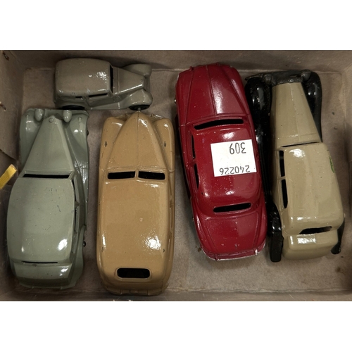 309 - 9 vintage Dinky saloon cars including Rover 75, Vanguard, Lincoln Zephyr, Hudson Sedan etc