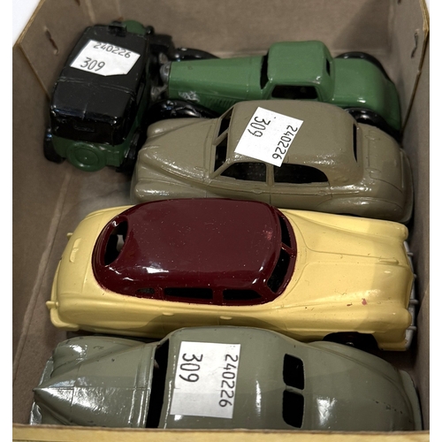 309 - 9 vintage Dinky saloon cars including Rover 75, Vanguard, Lincoln Zephyr, Hudson Sedan etc