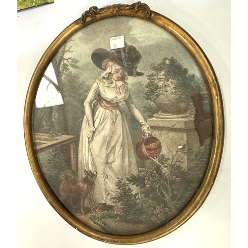 34 - A pair of oval 18th century style stippled engravings of women, framed and glazed; 3 miniature pictu... 