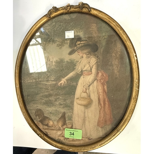 34 - A pair of oval 18th century style stippled engravings of women, framed and glazed; 3 miniature pictu... 