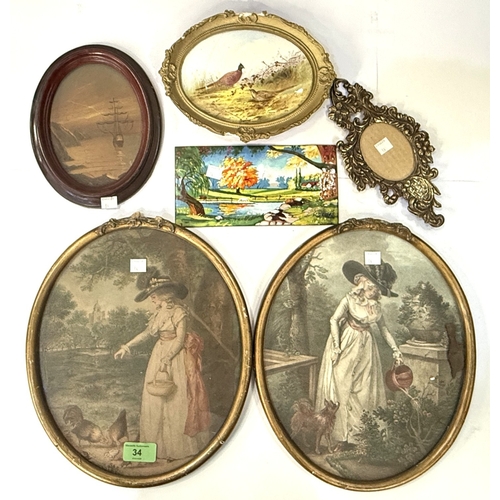 34 - A pair of oval 18th century style stippled engravings of women, framed and glazed; 3 miniature pictu... 