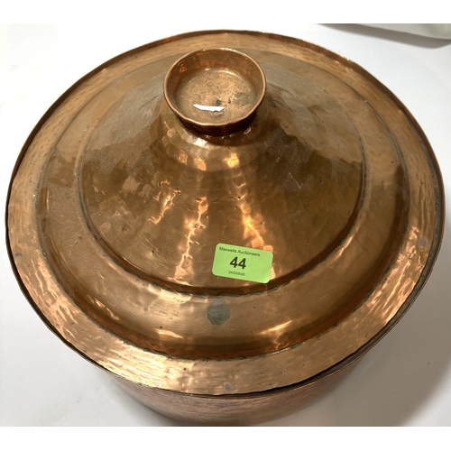 44 - A hammered copper pot, teapot, brass fire surround etc