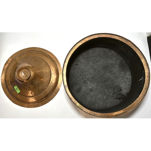 44 - A hammered copper pot, teapot, brass fire surround etc