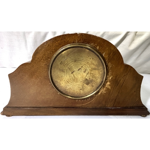 46 - An Inlaid mahogany mantel clock a hall bell and a miners lamp.