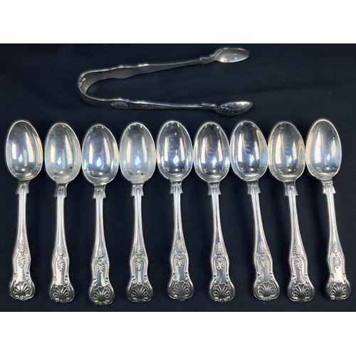 529 - Nine Kings pattern hallmarked silver teaspoons and tongs, 12.2ozt