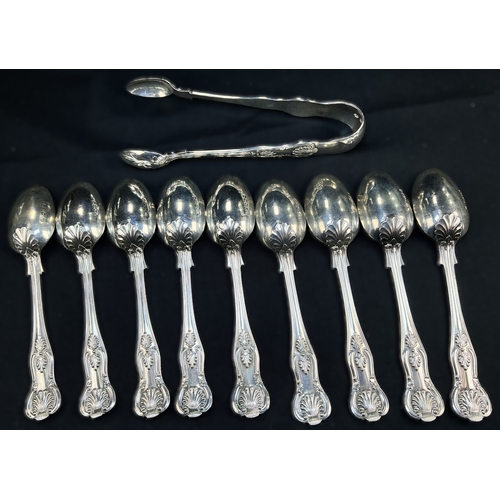 529 - Nine Kings pattern hallmarked silver teaspoons and tongs, 12.2ozt