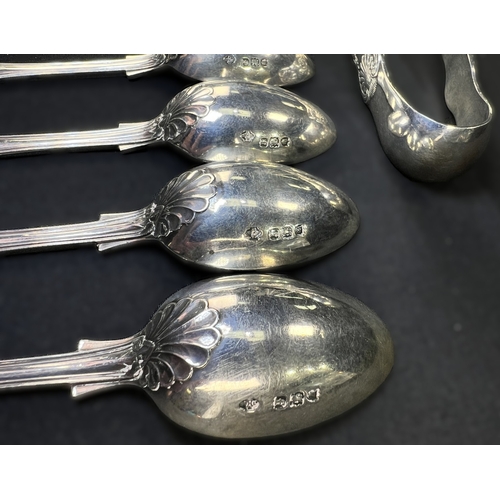 529 - Nine Kings pattern hallmarked silver teaspoons and tongs, 12.2ozt
